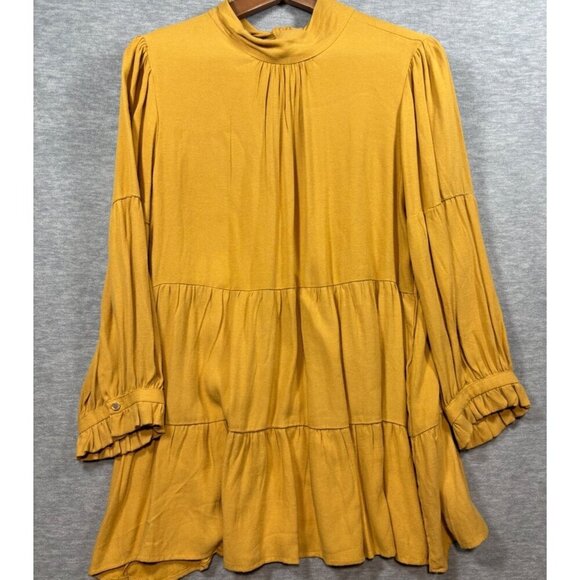 Maeve Anthropologie Mustard Goldie Tiered Tunic Top Tie Neck Back Sz S - Picture 1 of 6